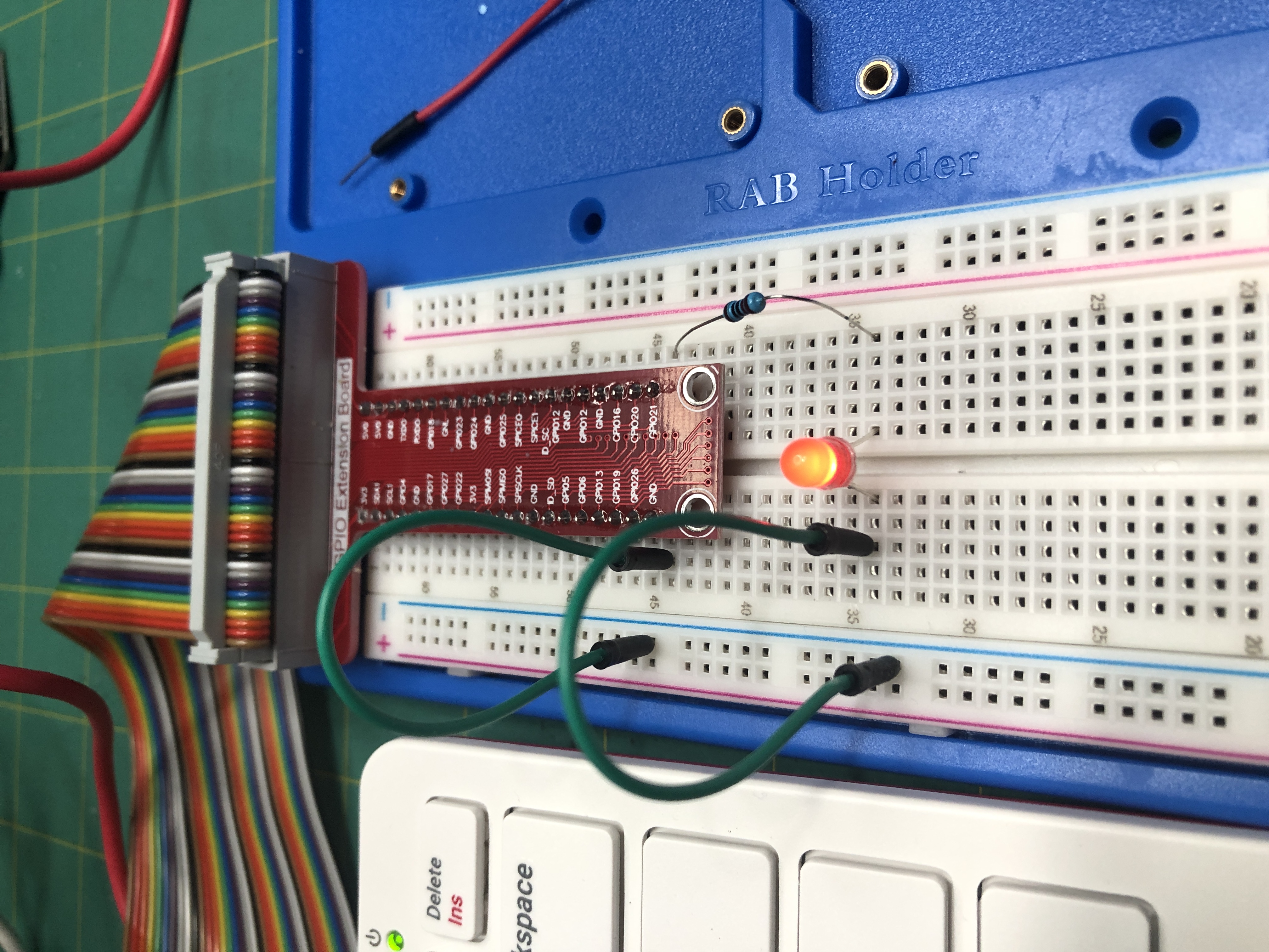 LED inserted into electronics breadboard