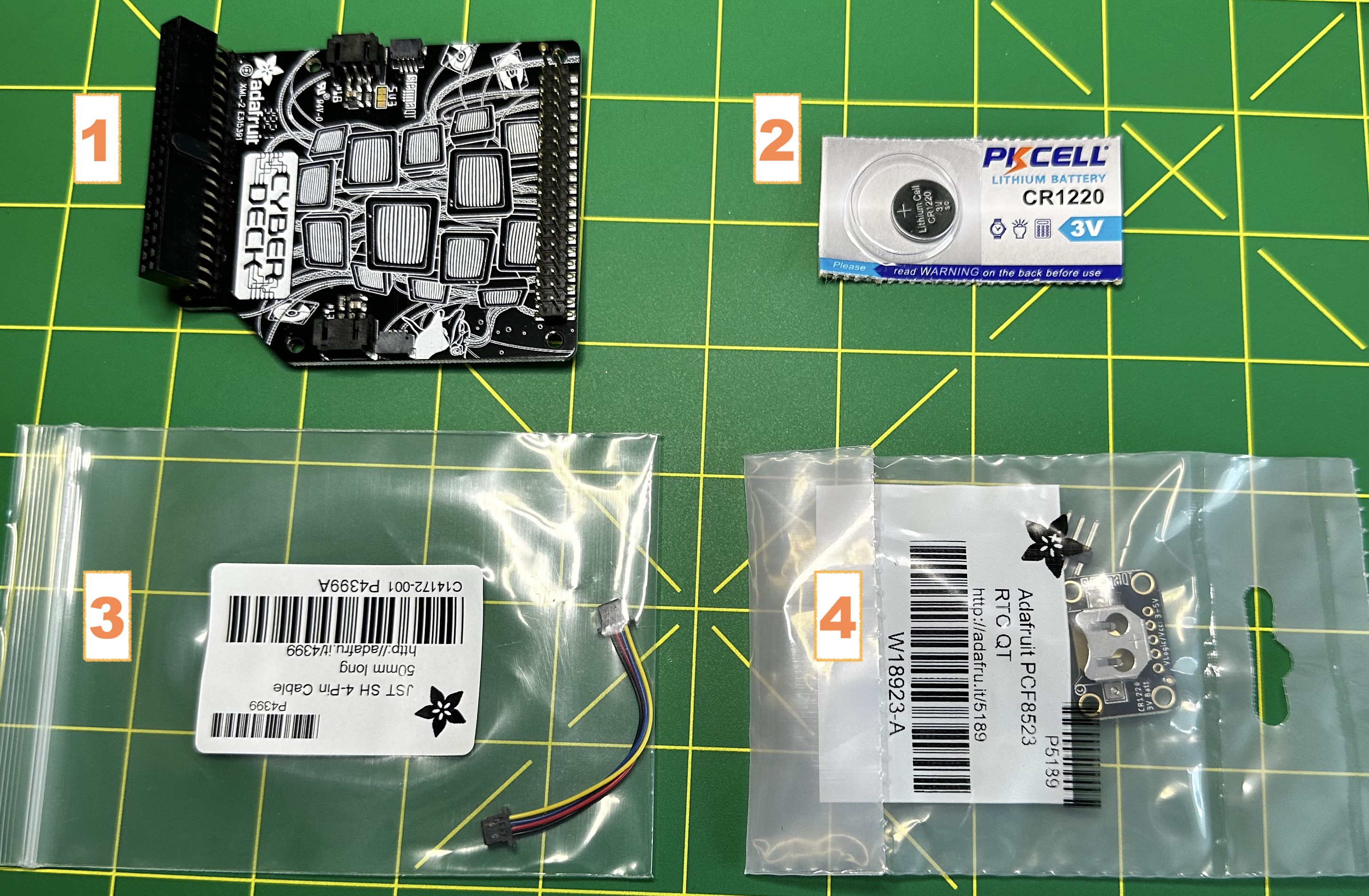 1. Adafruit Cyberdeck with STEMMA QT 2. CR1220 Coin Cell Battery 3. STEMMA QT male/male connector cable4. Adafruit PCF8523 RTC with STEMMA QT Module
